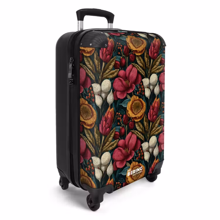 Koffer - Blumen – Muster – Rot – Gold - Bloemen - Patroon - Rood - Goud NBS - Handbagage koffer - Vrouwen middel