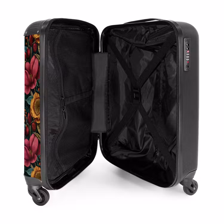 Koffer - Blumen – Muster – Rot – Gold - Bloemen - Patroon - Rood - Goud NBS - Handbagage koffer - Vrouwen middel