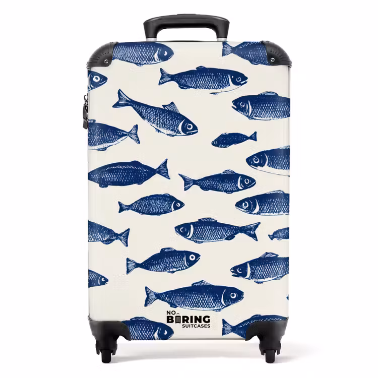 Vissen - Patroon - Blauw - Wit NBS - Handbagage koffer - Volwassenen Unisex middel -productfoto_recht