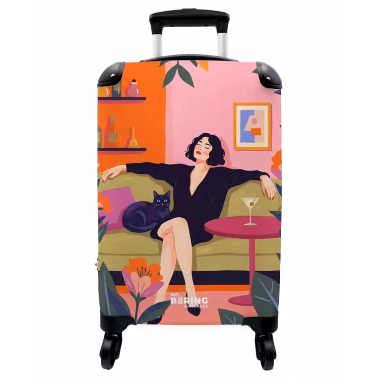 Koffer - Frau – Katze – Inneneinrichtung – Modern – Farbenfroh - Vrouw - Kat - Interieur - Modern - Kleurrijk NBS - Handbagage koffer - Vrouwen middel