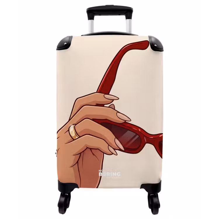 Koffer - Frau – Sonnenbrille – Mode – Rot – Illustration - Vrouw - Zonnebril - Mode - Rood - Illustratie NBS - Handbagage koffer - Vrouwen middel