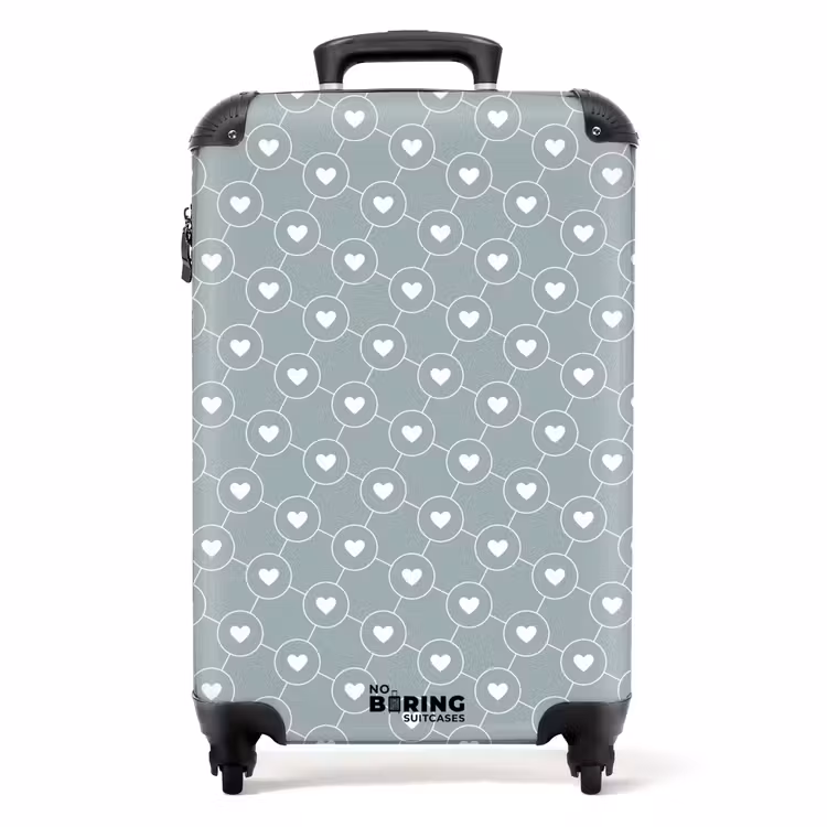 Grijsgroene achtergrond met witte hartjes NBS - Handbagage koffer - Volwassenen Unisex middel -productfoto_recht