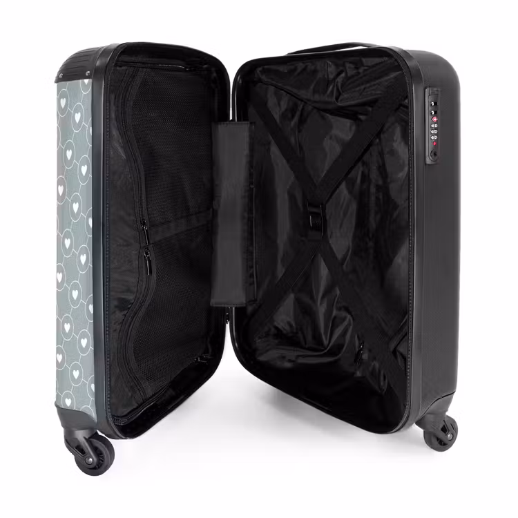Grijsgroene achtergrond met witte hartjes NBS - Handbagage koffer - Volwassenen Unisex middel -binnenkant