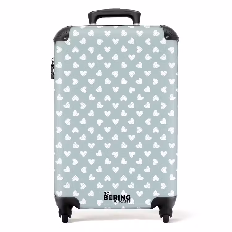 Grijsgroene achtergrond met witte hartjes NBS - Handbagage koffer - Volwassenen Unisex middel -productfoto_recht
