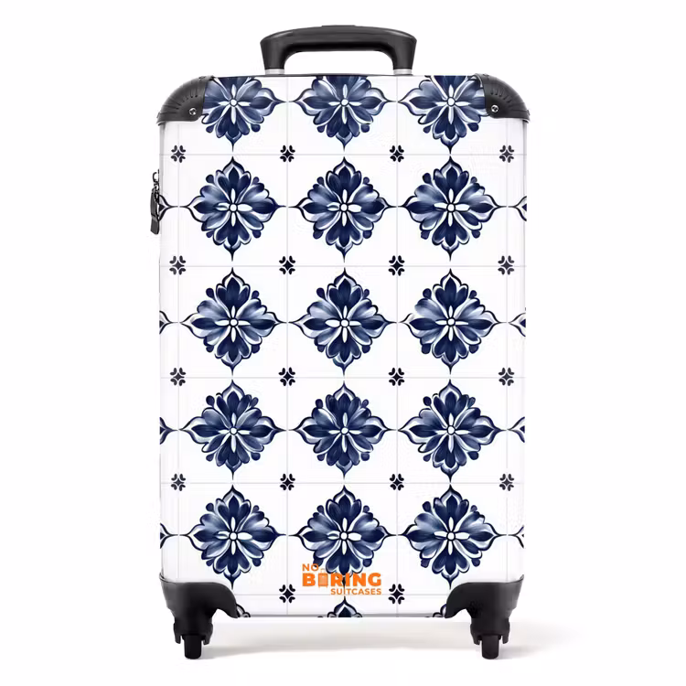 Tegelmotief - Blauw - Wit - Bloem NBS - Handbagage koffer - Volwassenen Unisex middel -productfoto_recht