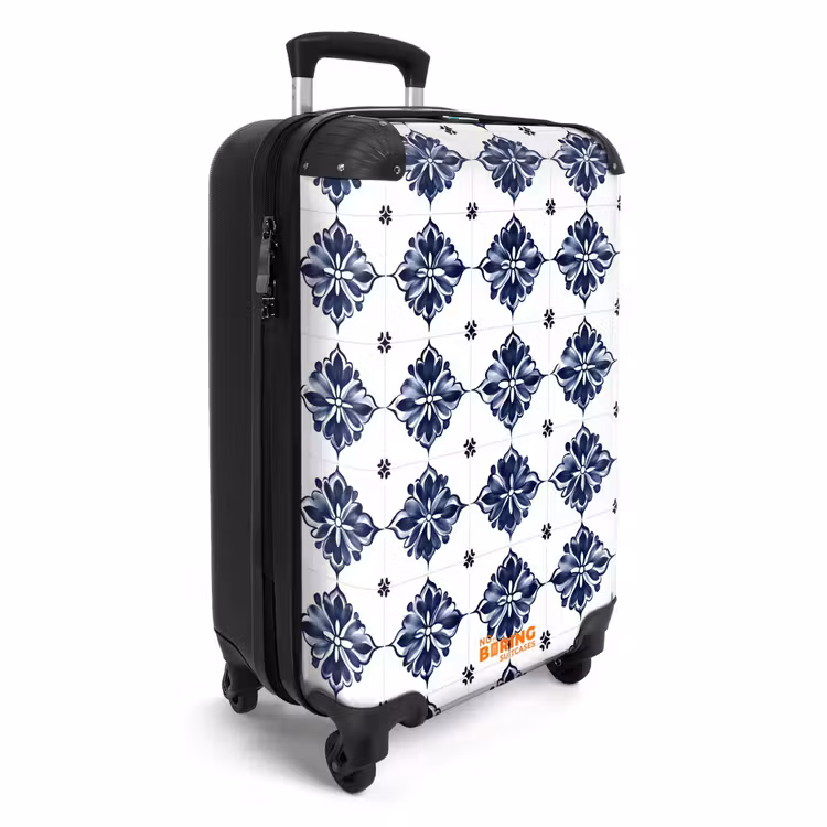 Tegelmotief - Blauw - Wit - Bloem NBS - Handbagage koffer - Volwassenen Unisex middel -productfoto_3d