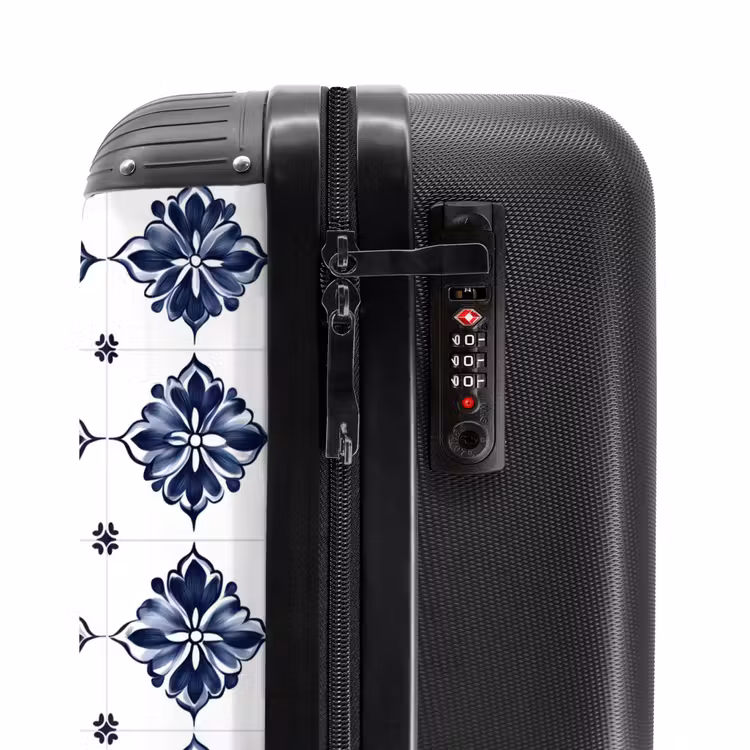 Tegelmotief - Blauw - Wit - Bloem NBS - Handbagage koffer - Volwassenen Unisex middel -slot