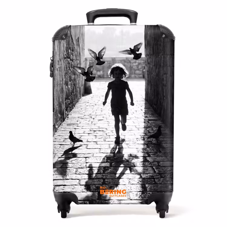 Koffer - Kind – Vogel – Straße – Schwarz-Weiß – Spielen - Kind - Vogel - Straat - Zwart-wit - Spelen NBS - Handbagage koffer - Volwassenen Unisex middel
