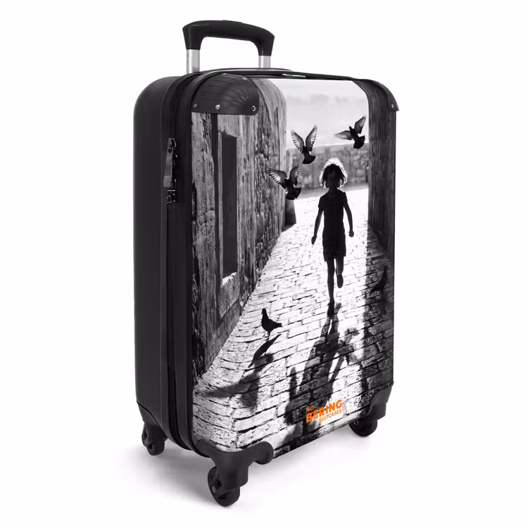 Koffer - Kind – Vogel – Straße – Schwarz-Weiß – Spielen - Kind - Vogel - Straat - Zwart-wit - Spelen NBS - Handbagage koffer - Volwassenen Unisex middel
