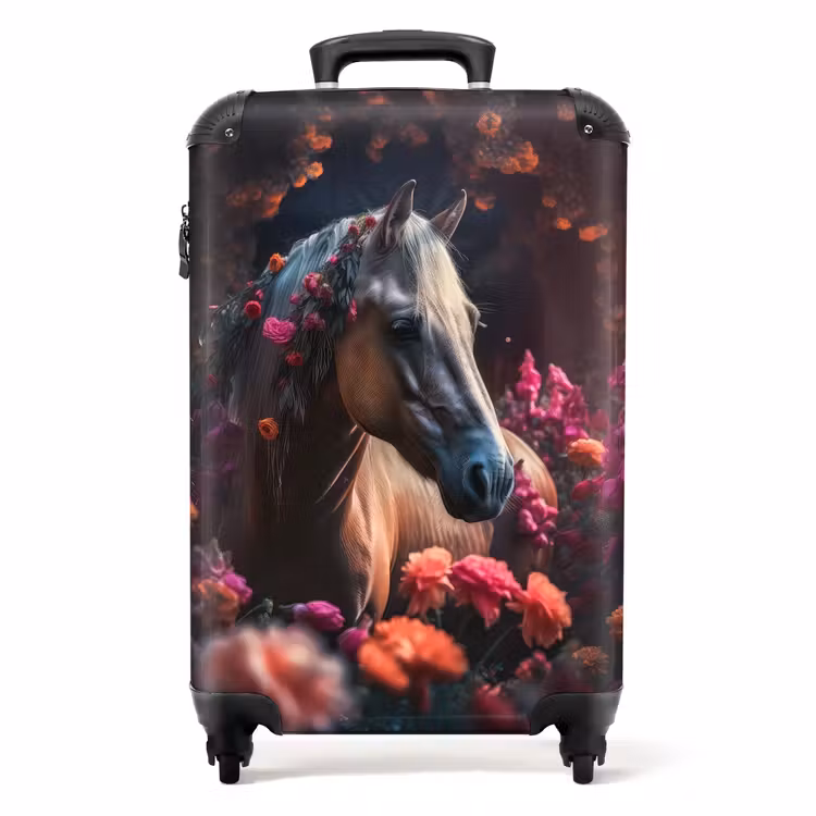 Koffer - Paard - Bloemen - Paars - Oranje - Dieren Koffer - NBS - Handbagage middel -productfoto_recht
