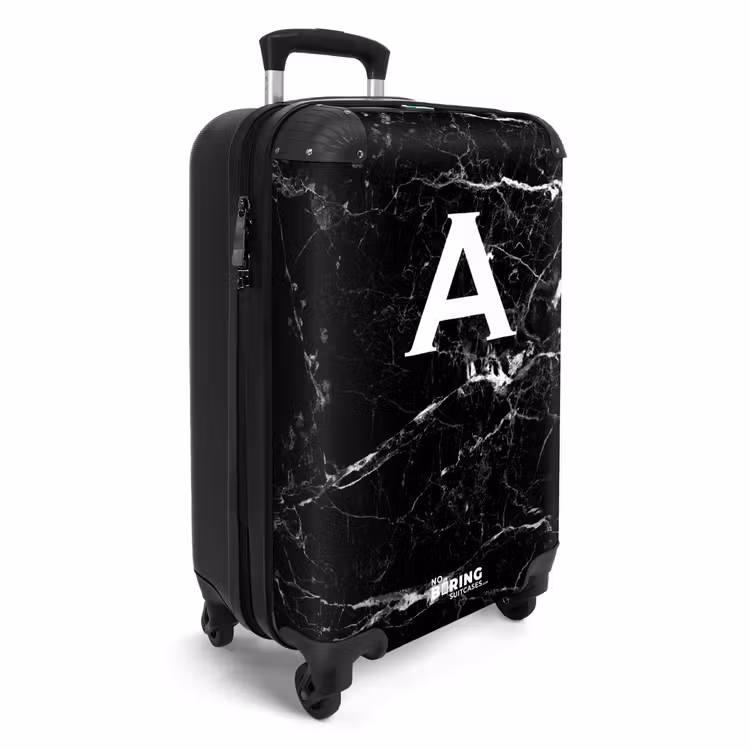 Marmer - Zwart - Letter A - Marmerlook NBS - Handbagage koffer - Unisex middel -productfoto_3d