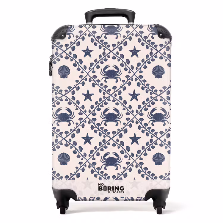 Koffer - Meer – Krabbe – Seestern – Muster – Blau - Zee - Krab - Zeester - Patroon - Blauw NBS - Handbagage koffer - Volwassenen Unisex middel