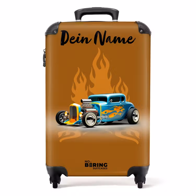 Blauwe auto met gele vlammen NBS - Handbagage koffer - Kinderen Unisex middel -productfoto_recht