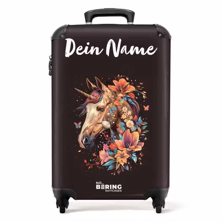 Eenhoorn en Bloemen op Zwarte Achtergrond NBS - Handbagage koffer - Kinderen Unisex middel -productfoto_recht