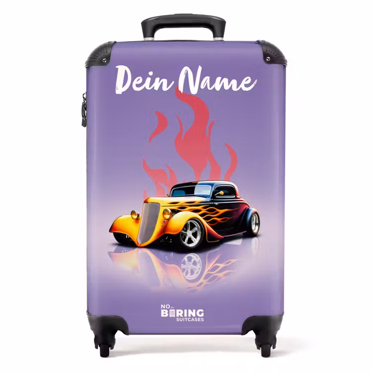 Gele auto met roze vlammen NBS - Handbagage koffer - Kinderen Unisex middel -productfoto_recht