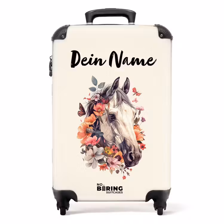 Wit paardenhoofd omringd door bloemen en vlinders NBS - Handbagage koffer - Kinderen Unisex middel -productfoto_recht
