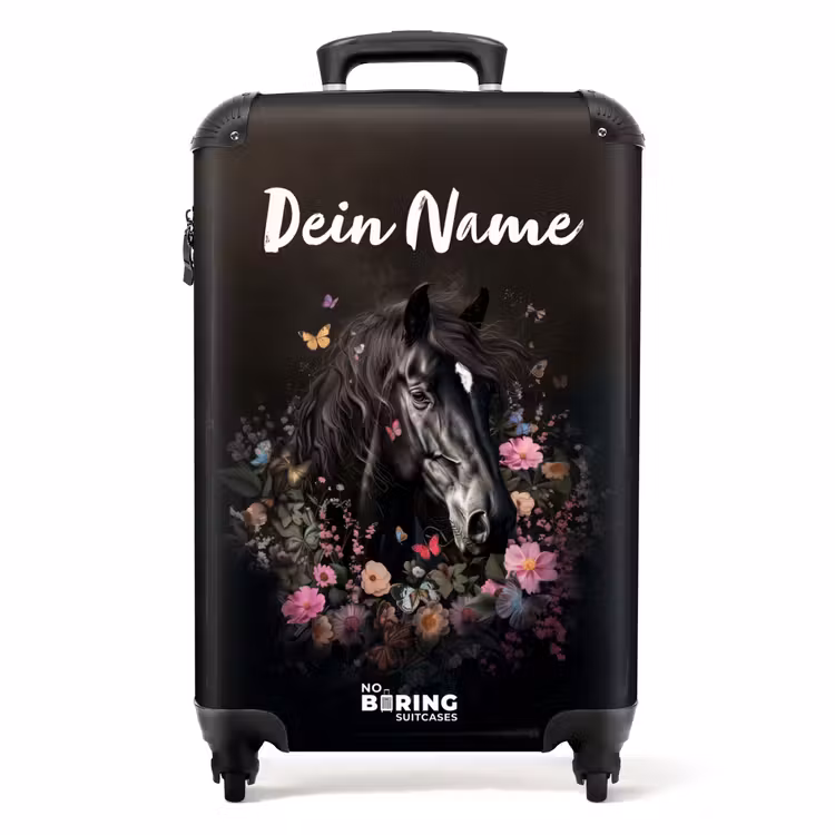 Zwart paard met witte bles en kleurrijke bloemen NBS - Handbagage koffer - Kinderen Unisex middel -productfoto_recht