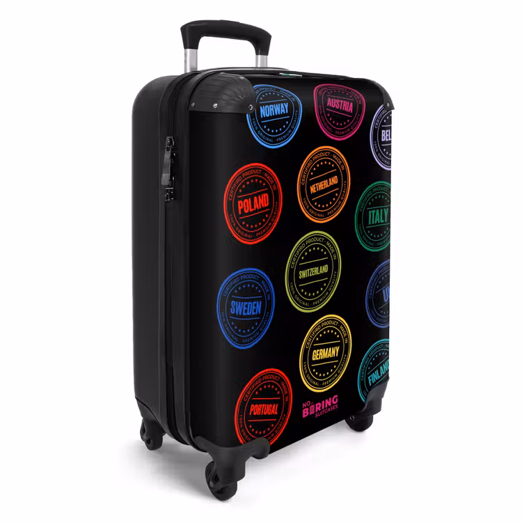 Koffer - Neon – Länder – Schwarz – Stempel - Neon - Landen - Zwart - Stempels NBS - Handbagage koffer - Volwassenen Unisex middel