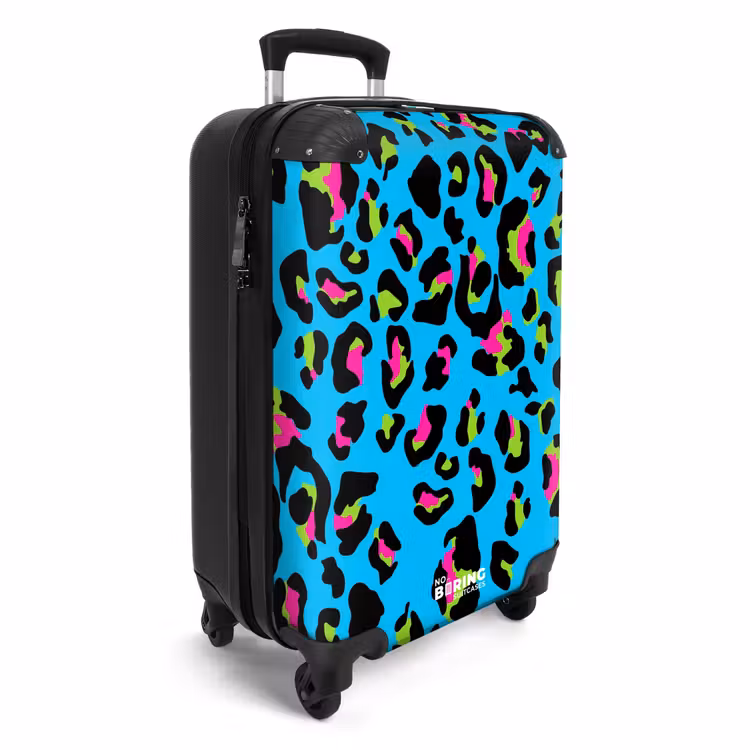 Pantermotief in neonkleuren op blauwe achtergrond NBS - Handbagage koffer - Volwassenen Unisex middel -productfoto_3d