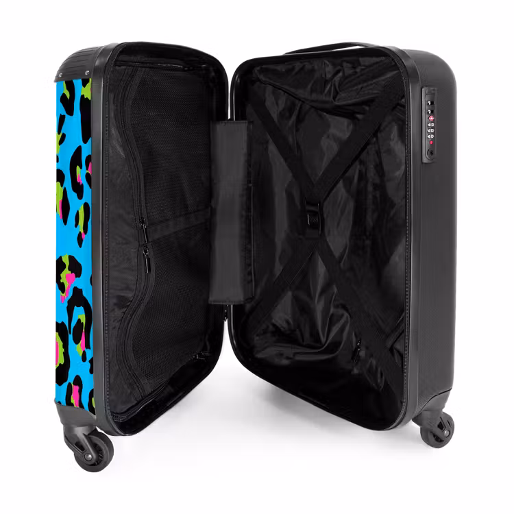 Pantermotief in neonkleuren op blauwe achtergrond NBS - Handbagage koffer - Volwassenen Unisex middel -binnenkant