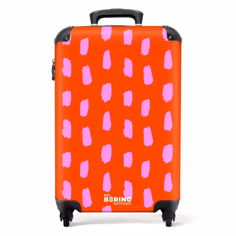 Vlekkenpatroon in roze op felrode achtergrond NBS - Handbagage koffer - Kinderen Unisex middel -productfoto_recht