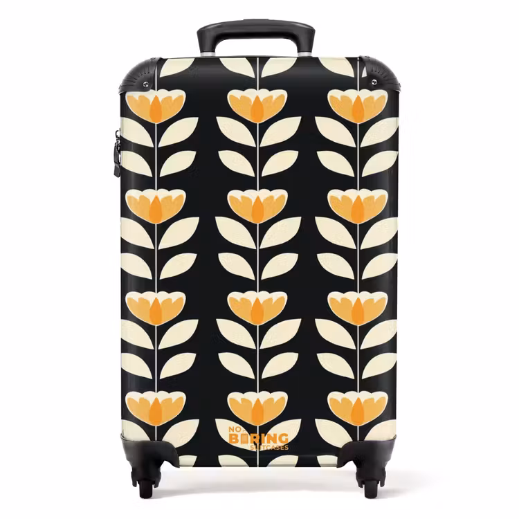 Retro - Bloem - Zwart - Okergeel NBS - Handbagage koffer - Volwassenen Unisex middel -productfoto_recht