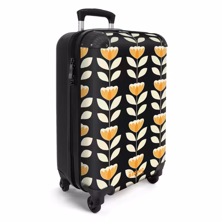 Retro - Bloem - Zwart - Okergeel NBS - Handbagage koffer - Volwassenen Unisex middel -productfoto_3d