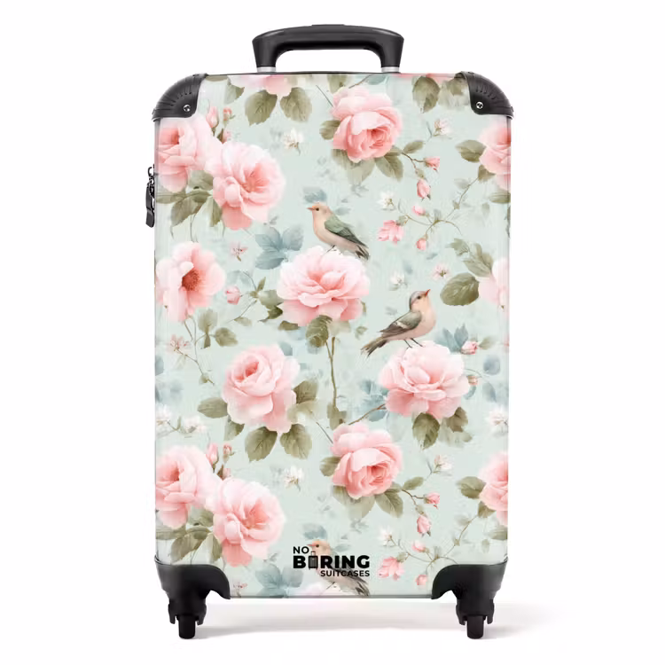 Rozen - Vogels - Pastel - Kleurrijk NBS - Handbagage koffer - Volwassenen Unisex middel -productfoto_recht