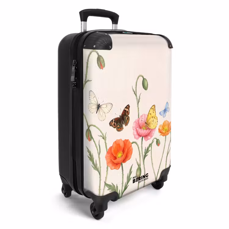 Koffer - Schmetterlinge – Mohnblumen – Illustration – Farbenfroh - Vlinders - Klaprozen - Illustratie - Kleurrijk NBS - Handbagage koffer - Vrouwen middel