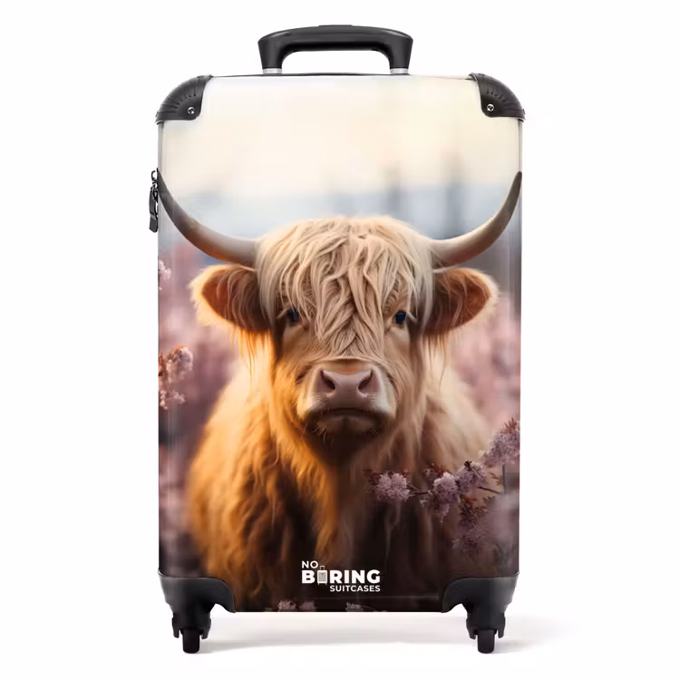 Schotse hooglander met roze bloemen NBS - Handbagage koffer - Unisex middel -productfoto_recht