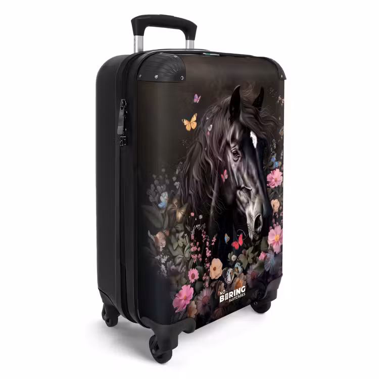 Zwart paard met witte bles en kleurrijke bloemen Koffer - NBS - Handbagage middel -productfoto_3d