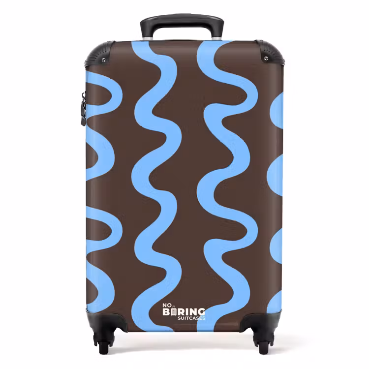 Kronkelende lijnen - Blauw - Bruin - Minimalistisch NBS - Handbagage koffer - Volwassenen Unisex middel -productfoto_recht