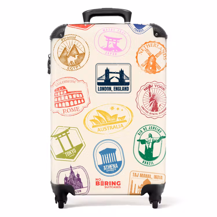 Koffer - Stempel – Bunt – Welt - Stempels - Kleurrijk - Wereld NBS - Handbagage koffer - Volwassenen Unisex middel