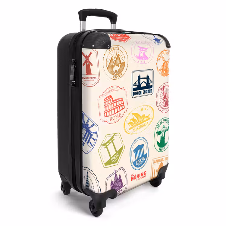 Koffer - Stempel – Bunt – Welt - Stempels - Kleurrijk - Wereld NBS - Handbagage koffer - Volwassenen Unisex middel