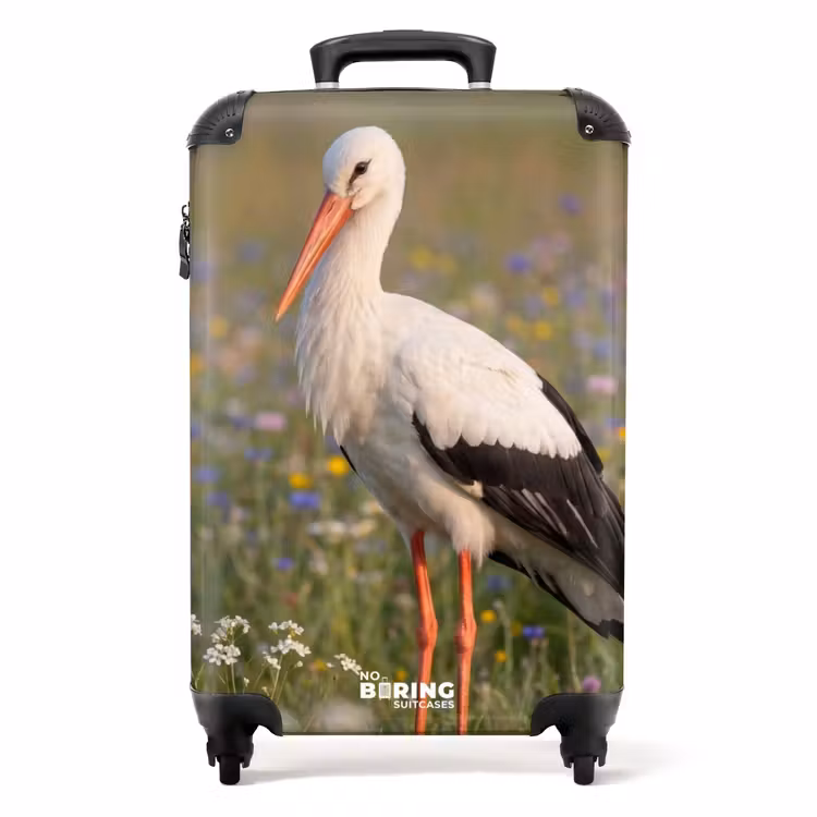 Koffer - Storch – Blumen – Wiese – Bunt - Ooienvaar - Bloemen - Weide - Kleurrijk NBS - Handbagage koffer - Volwassenen Unisex middel
