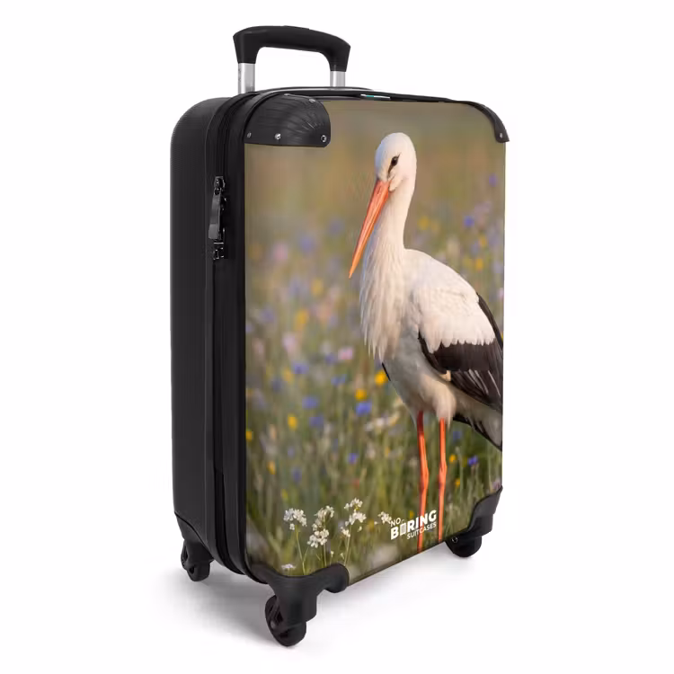 Koffer - Storch – Blumen – Wiese – Bunt - Ooienvaar - Bloemen - Weide - Kleurrijk NBS - Handbagage koffer - Volwassenen Unisex middel