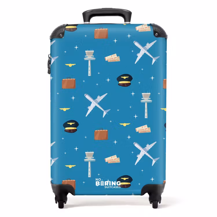 Luchtvaartthema met vliegtuigen op blauwe achtergrond NBS - Handbagage koffer - Kinderen Unisex middel -productfoto_recht