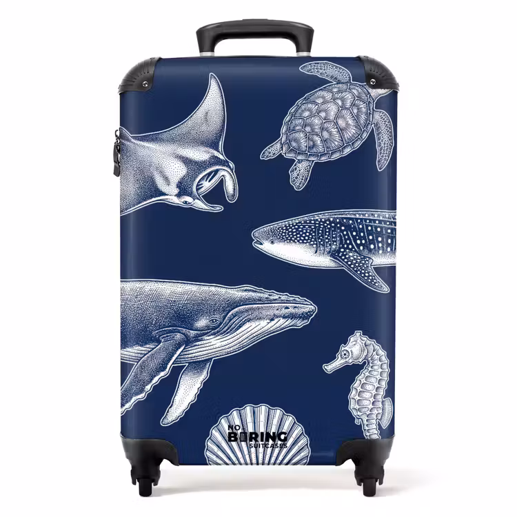 Koffer - Tiere – Meeresleben – Ozean – Gravur – Blau - Dieren - Zeeleven - Oceaan - Graveren - Blauw NBS - Handbagage koffer - Volwassenen Unisex middel