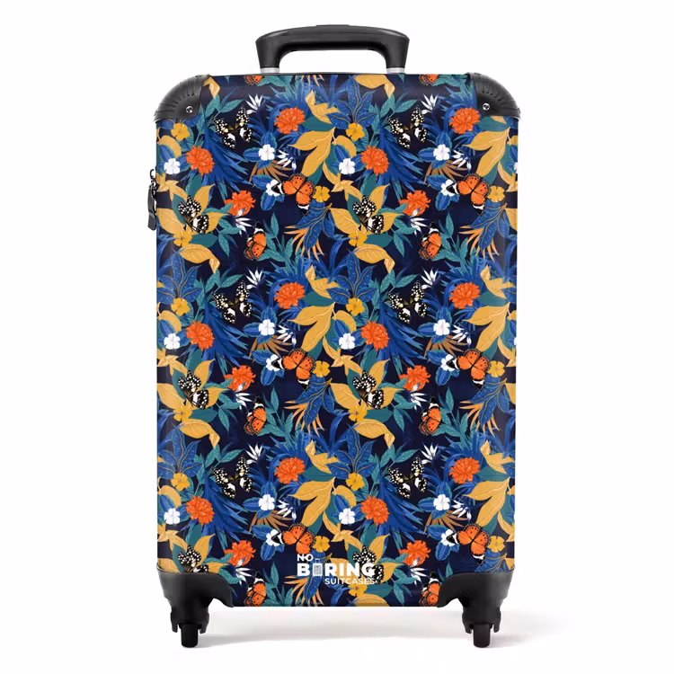 Tropisch vlinder patroon donker blauw NBS - Handbagage koffer - Kinderen Unisex middel -productfoto_recht