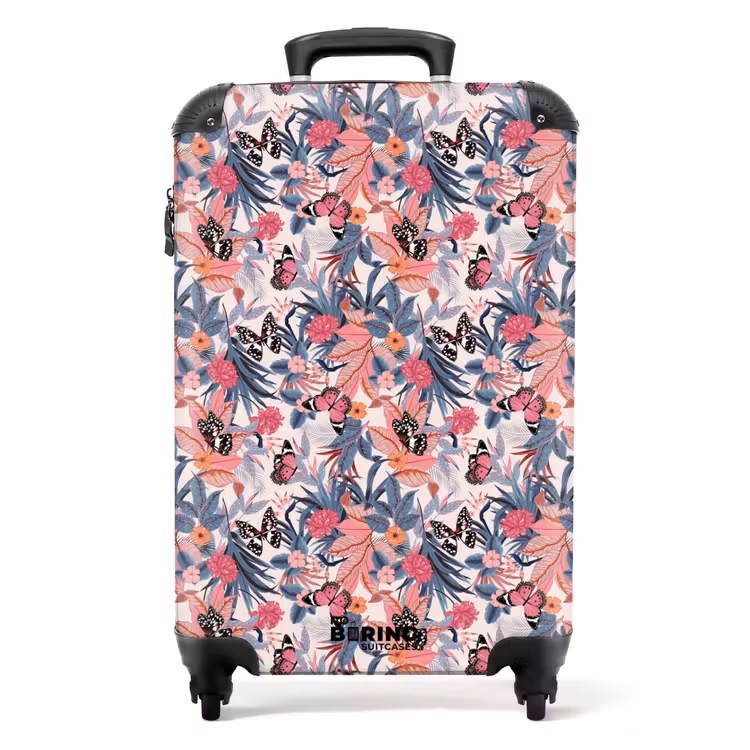 Tropisch vlinder patroon licht roze NBS - Handbagage koffer - Kinderen Unisex middel -productfoto_recht