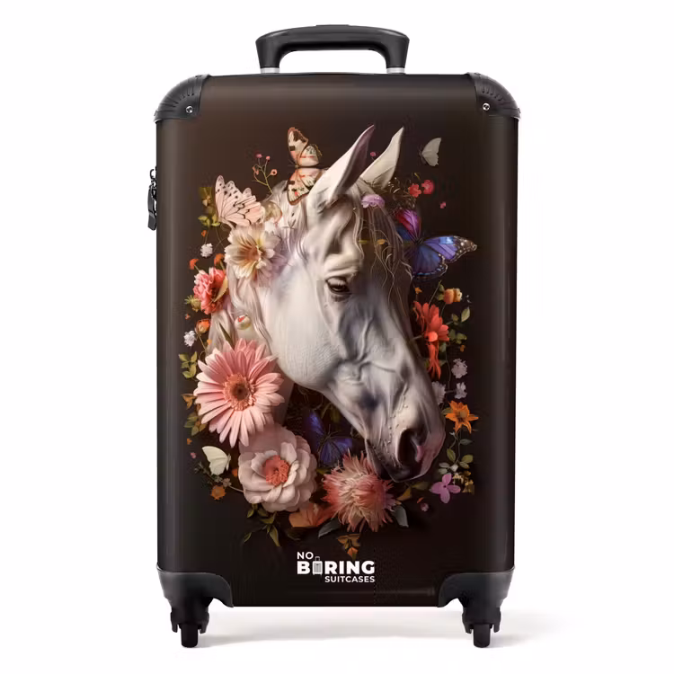Wit paardenhoofd tussen kleurrijke bloemenkrans Koffer - NBS - Handbagage middel -productfoto_recht