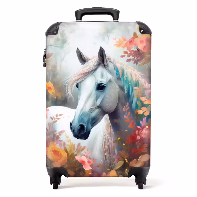 Wit paard omringd door bloemen Koffer - NBS - Handbagage middel -productfoto_recht