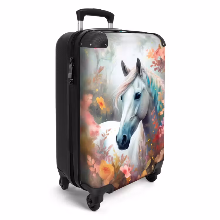 Wit paard omringd door bloemen Koffer - NBS - Handbagage middel -productfoto_3d