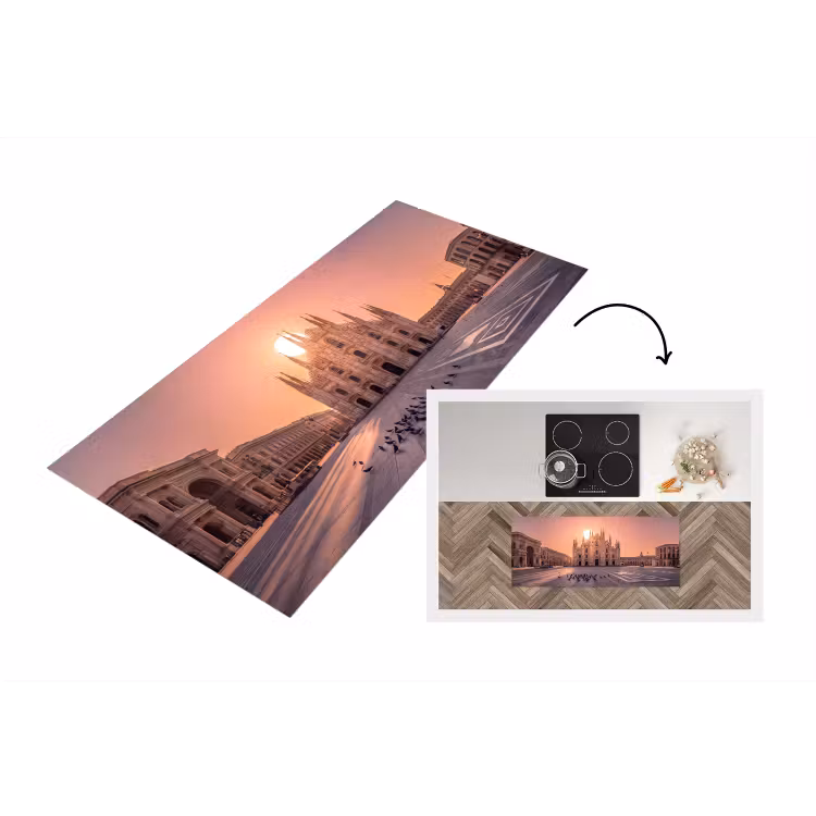 Architectuur - Milaan - Plein - Zonsopgang - Oranje Keukenloper - keukenmat middel -3d