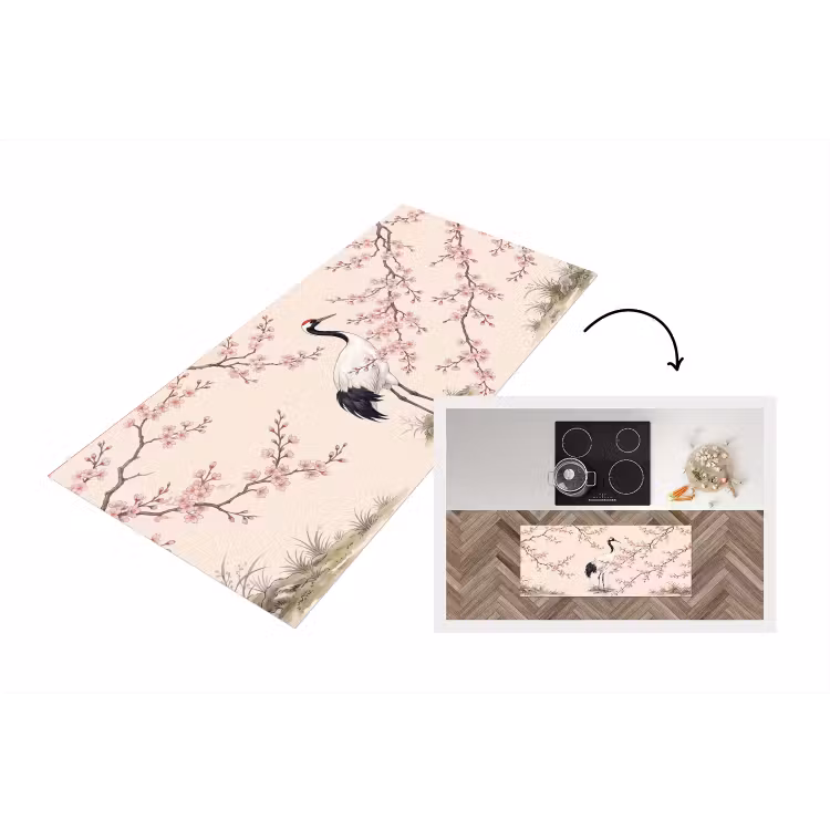 Aziatisch - Kraanvogel - Beige Keukenloper - keukenmat middel -3d