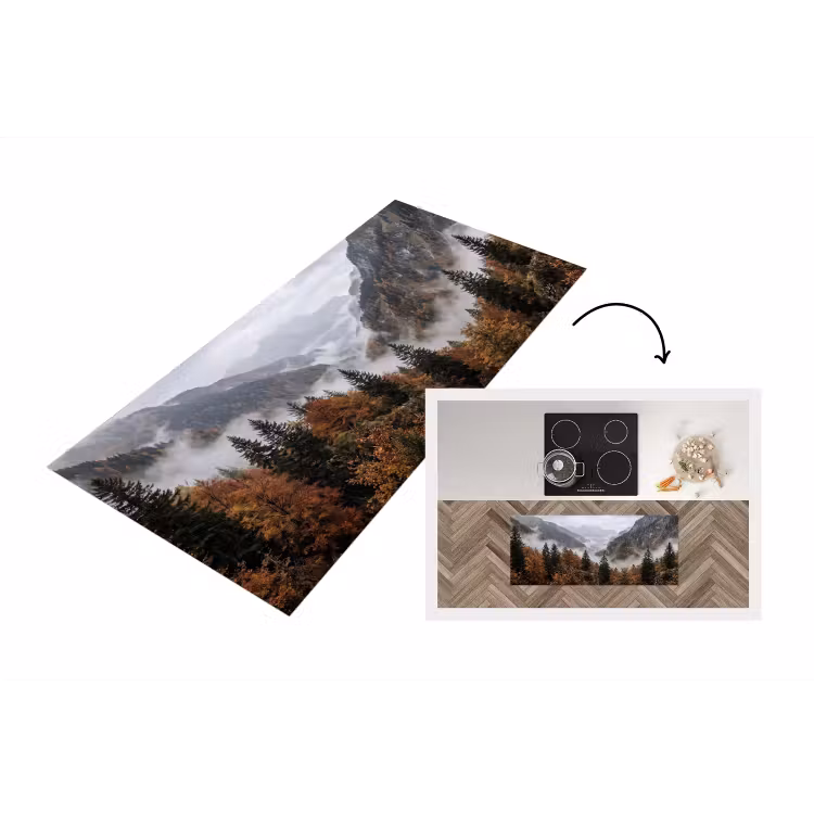 Bergen - Vallei - Mist - Herfst - Natuur Keukenloper - keukenmat middel -3d
