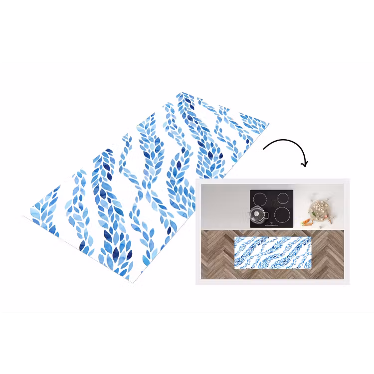 Bladeren - Aquarel - Patroon - Modern - Blauw Keukenloper - keukenmat middel -3d