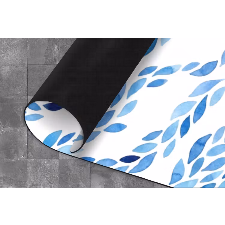 Bladeren - Aquarel - Patroon - Modern - Blauw Keukenloper - keukenmat middel -closeup
