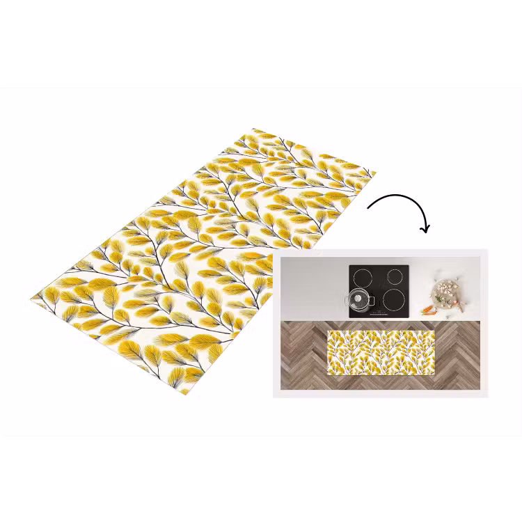 Bladeren - Botanisch - Elegant - Geel - Zwart Keukenloper - keukenmat middel 536 -3d