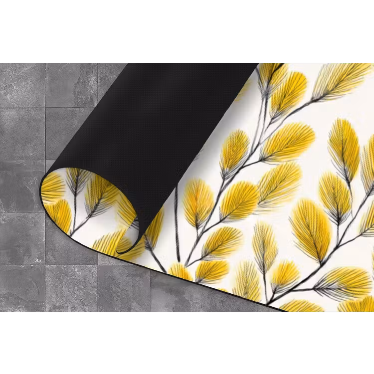 Bladeren - Botanisch - Elegant - Geel - Zwart Keukenloper - keukenmat middel 536 -closeup